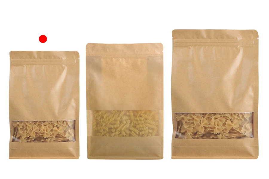 Торбички тип Doy Pack от крафт хартия, с "цип" затваряне, прозорец, вътрешна и външна прозрачна облицовка 140x60x240 mm - 50 бр