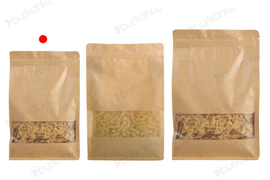 Торбички тип Doy Pack 140x60x240 mm от крафт хартия, с "цип" затваряне, прозорец, вътрешна и външна прозрачна облицовка  - 50 бр-