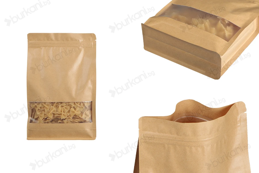 Торбички тип Doy Pack 140x60x240 mm от крафт хартия, с "цип" затваряне, прозорец, вътрешна и външна прозрачна облицовка  - 50 бр-изображение_продукт