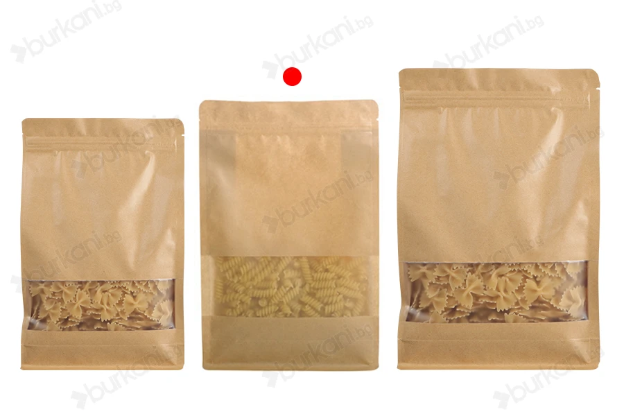 Крафт торбички тип Doy Pack  180x80x280 mm, с "цип" затваряне, прозорец, вътрешна и външна прозрачна облицовка - 50 бр.-изображение_група
