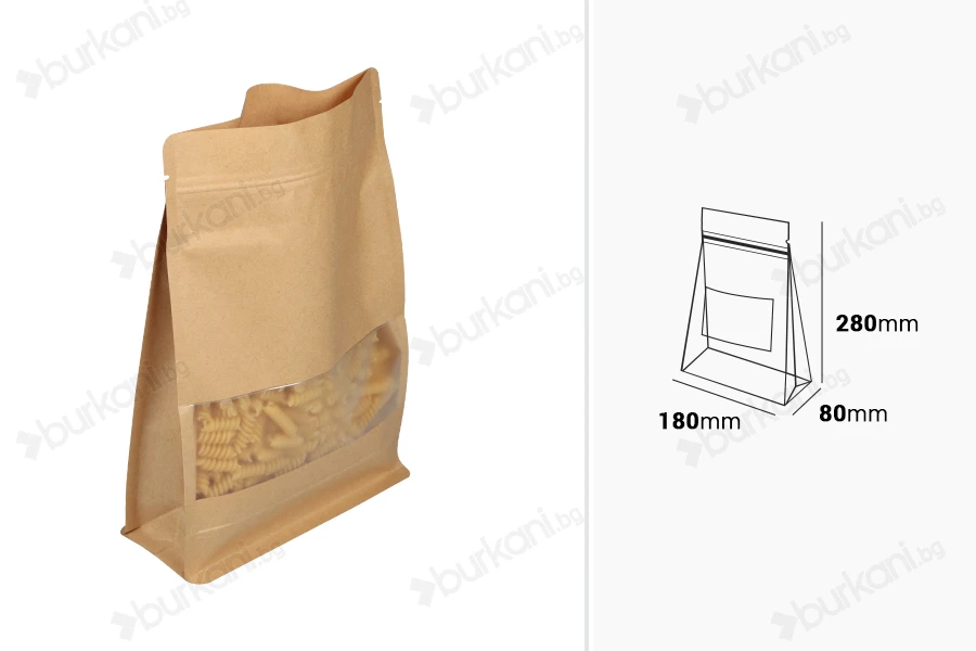 Крафт торбички тип Doy Pack  180x80x280 mm, с "цип" затваряне, прозорец, вътрешна и външна прозрачна облицовка - 50 бр.-изображение_размери