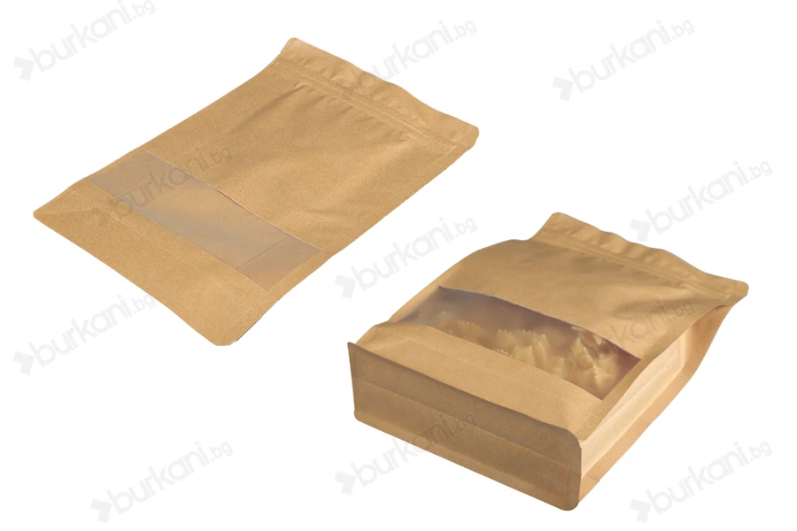 Крафт торбички тип Doy Pack  180x80x280 mm, с "цип" затваряне, прозорец, вътрешна и външна прозрачна облицовка - 50 бр.-
