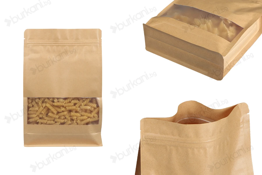 Крафт торбички тип Doy Pack  180x80x280 mm, с "цип" затваряне, прозорец, вътрешна и външна прозрачна облицовка - 50 бр.-изображение_продукт