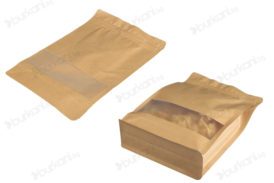 Крафт торбичкки тип Doy Pack 200x80x300 mm, с "цип" затваряне, прозорец, вътрешна и външна прозрачна облицовка и възможност за термозапечатване  - 50 бр.-изображение_група