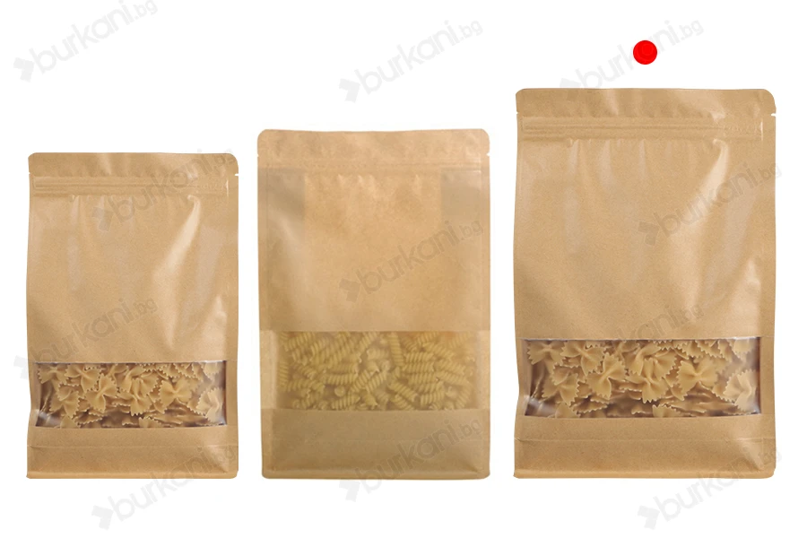 Крафт торбичкки тип Doy Pack 200x80x300 mm, с "цип" затваряне, прозорец, вътрешна и външна прозрачна облицовка и възможност за термозапечатване  - 50 бр.-