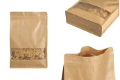 Крафт торбичкки тип Doy Pack, с "цип" затваряне, прозорец, вътрешна и външна прозрачна облицовка и възможност за термозапечатване 200x80x300 mm - 50 бр. Крафт торбичкки тип Doy Pack, с "цип" затваряне, прозорец, вътрешна и външна прозрачна облицовка и възможност за термозапечатване 200x80x300 mm - 50 бр.