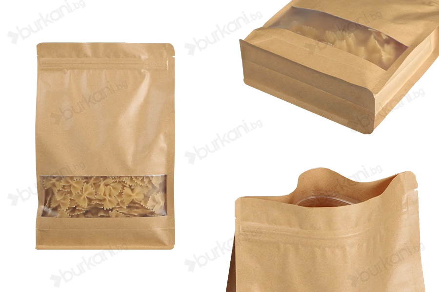Крафт торбичкки тип Doy Pack 200x80x300 mm, с "цип" затваряне, прозорец, вътрешна и външна прозрачна облицовка и възможност за термозапечатване  - 50 бр.-изображение_продукт