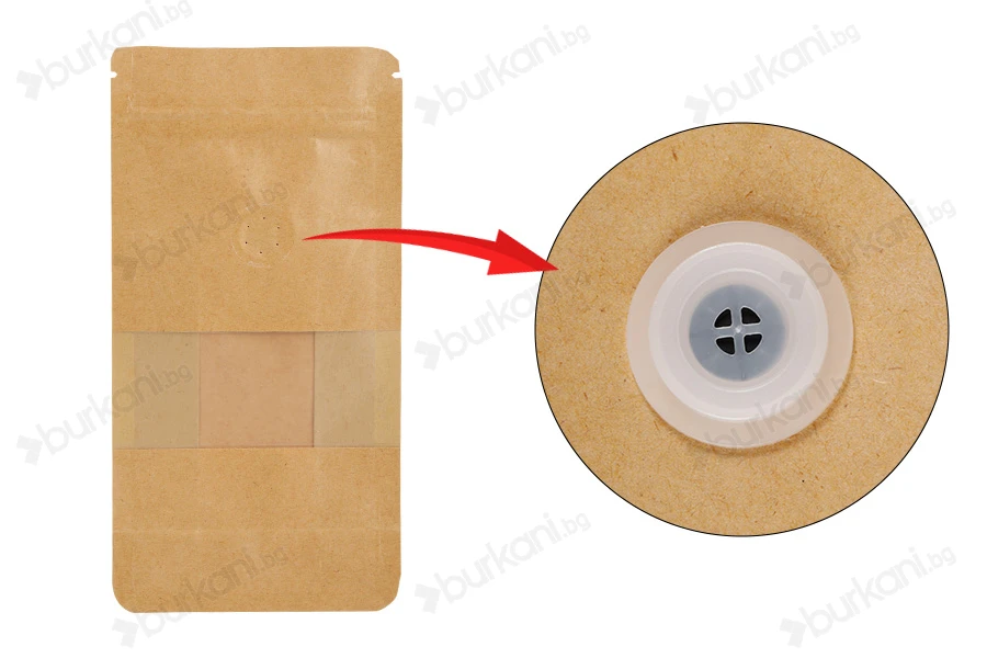 Крафт торбичка тип  Doy Pack 100x60x200 mm, с цип, клапа, прозорец, вътрешна и външна прозрачна облицовка и възможност за термозаваряване   - 25 бр.-изображение_група