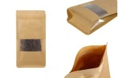 Крафт торбичка тип Doy Pack 100x60x200 mm, с цип, клапа, прозорец, вътрешна и външна прозрачна облицовка и възможност за термозаваряване - 25 бр. Крафт торбичка тип Doy Pack 100x60x200 mm, с цип, клапа, прозорец, вътрешна и външна прозрачна облицовка и възможност за термозаваряване - 25 бр.
