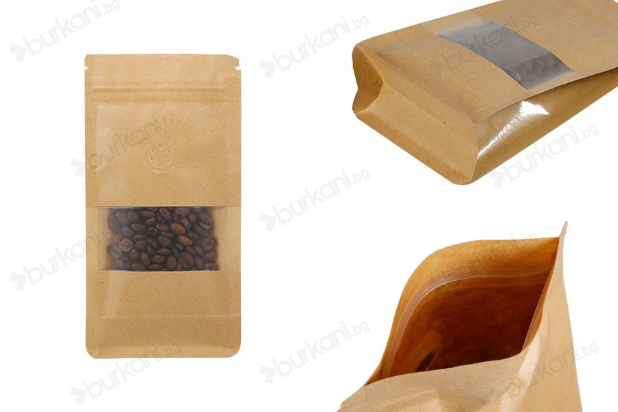 Крафт торбичка тип  Doy Pack 100x60x200 mm, с цип, клапа, прозорец, вътрешна и външна прозрачна облицовка и възможност за термозаваряване   - 25 бр.-изображение_продукт