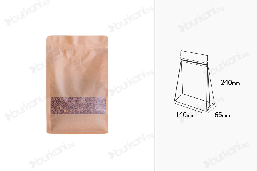 Крафт DOY PACK Опаковка с цип 140x65x240 mm, вeнтил, с прозорец и отвор Eurohole, с размери с възможност за термо запечатване-
