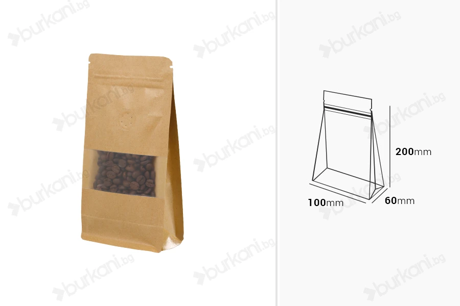 Крафт торбичка тип  Doy Pack 100x60x200 mm, с цип, клапа, прозорец, вътрешна и външна прозрачна облицовка и възможност за термозаваряване   - 25 бр.-изображение_размери