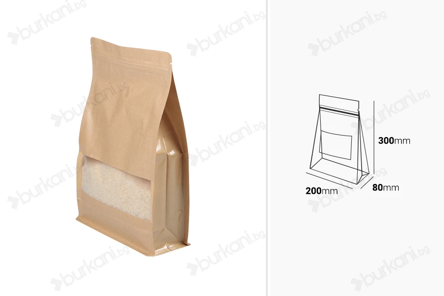 Крафт торбичка тип  Doy Pack с цип  200x80x300 mm, клапан и прозорец, вътрешна и външна прозрачна част  и  възможност за термозапечатване - 50 бр.-изображение_размери