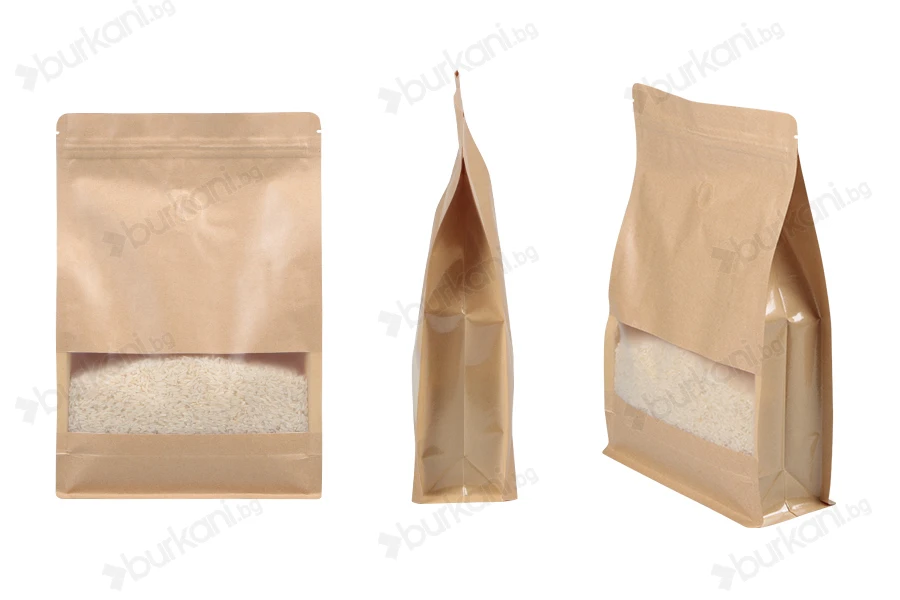 Крафт торбичка тип  Doy Pack с цип  200x80x300 mm, клапан и прозорец, вътрешна и външна прозрачна част  и  възможност за термозапечатване - 50 бр.-