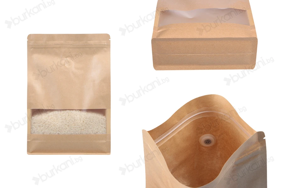 Крафт торбичка тип  Doy Pack с цип  200x80x300 mm, клапан и прозорец, вътрешна и външна прозрачна част  и  възможност за термозапечатване - 50 бр.-изображение_продукт