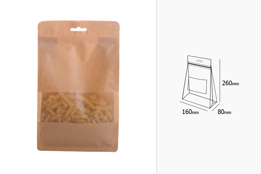 Торбичка тип DOYPACK с цип затваряне, прозорец и дупка Eurohole, вътрешна и външна прозрачна облицовка и въз,ожност за термо запечатване, размери 160x80x260 mm - 50 бр. Торбичка тип DOYPACK с цип затваряне, прозорец и дупка Eurohole, вътрешна и външна прозрачна облицовка и въз,ожност за термо запечатване, размери 160x80x260 mm - 50 бр.