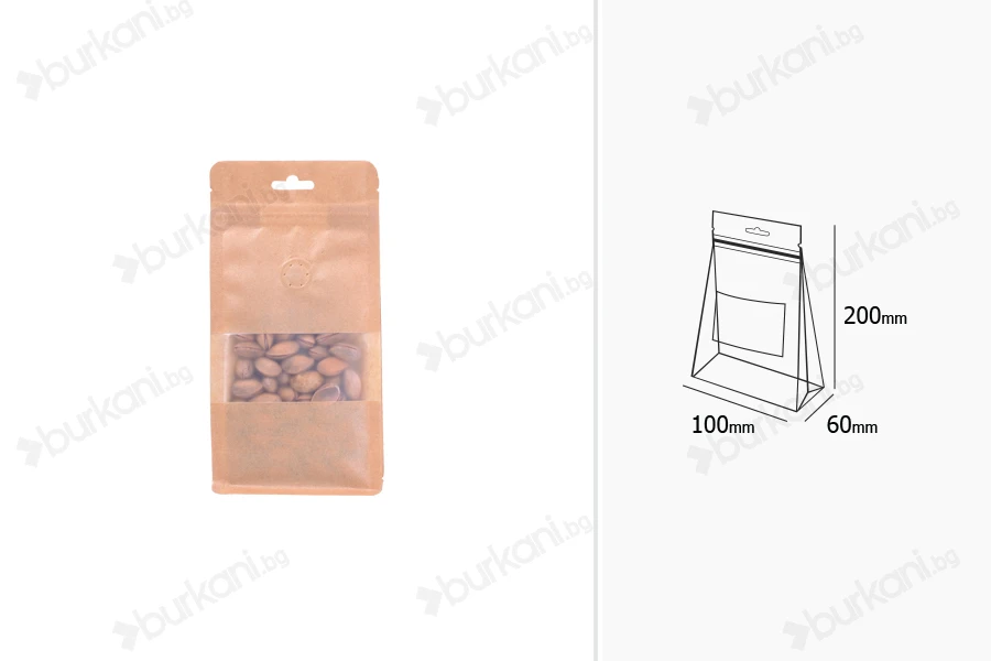 Крафт DOY PACK Опаковка с размери 100x60x200 mm с възможност за термо запечатване-