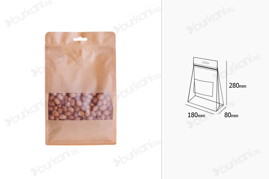 Крафт DOY PACK Опаковка с размери 180x80x280 mm с възможност за термо запечатване-