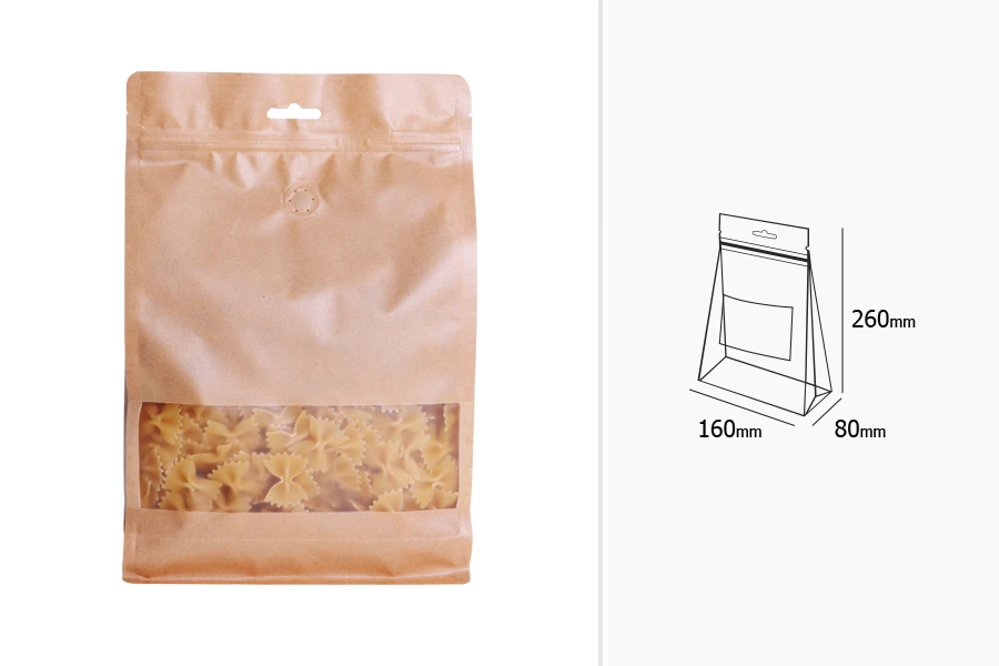 Крафт DOY PACK Опаковка цип, вентил, прозорец и отвор Eurohole  с размери 160x80x260 mm с възможност за термо запечатване-