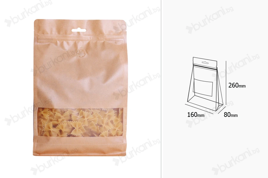 Крафт DOY PACK Опаковка цип, вентил, прозорец и отвор Eurohole  с размери 160x80x260 mm с възможност за термо запечатване-