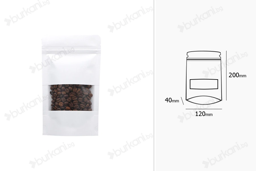 Крафт торбички тип Doy Pack  120x40x200 mm, с "цип" затваряне с прозорец с размери - 100 бр.-изображение_размери