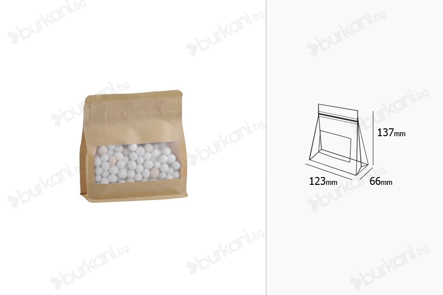 Крафт торбичка тип DOYPACK 137x66x123mm с прозорец и цип, с рамери-изображение_група