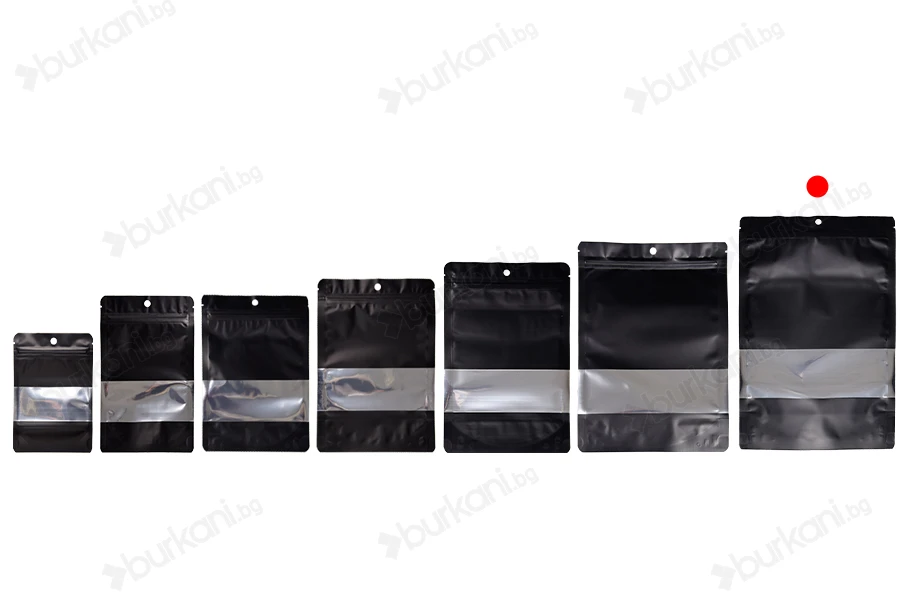 Алуминиеви торбички тип Doy Pack 200x50x300 мм с "цип" затваряне, прозорец и възможност за термозапечатване - 100 бр.-изображение_група