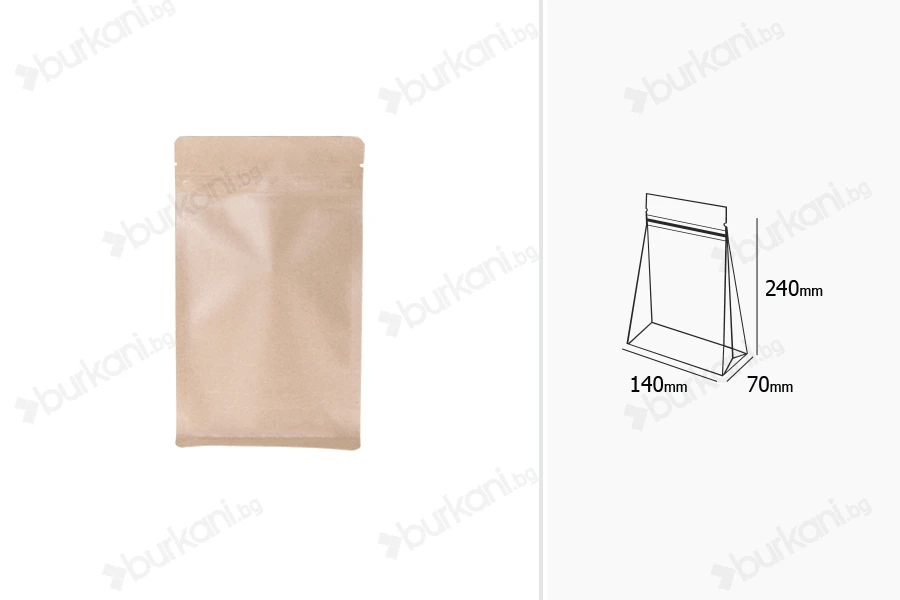 Опаковка тип DOY PACK 140x70x240 mm с "цип" затваряне и алуминиева вътрешна облицовка и възможност за термозапечатване - 50 бр.-изображение_размери