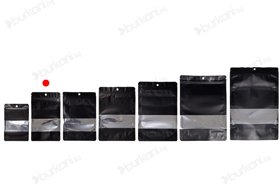 Алуминиеви торбички тип Doy Pack 120x40x200 мм с "цип" затваряне, прозорец и  възможност за термозапечатване - 100 бр.-изображение_група