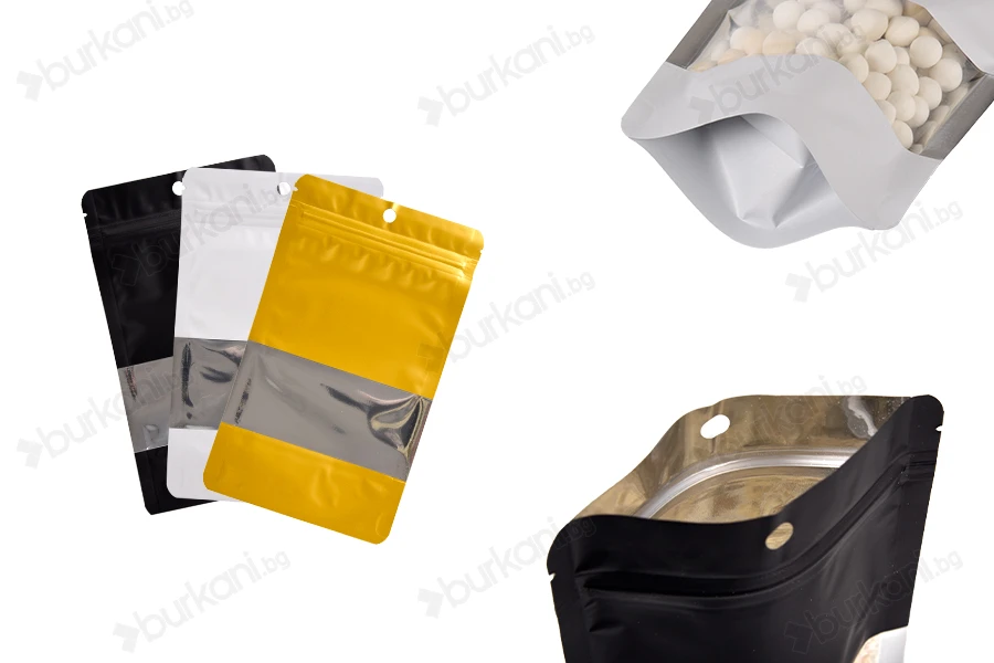 Алуминиеви торбички тип Doy Pack 120x40x200 мм с "цип" затваряне, прозорец и  възможност за термозапечатване - 100 бр.-изображение_продукт