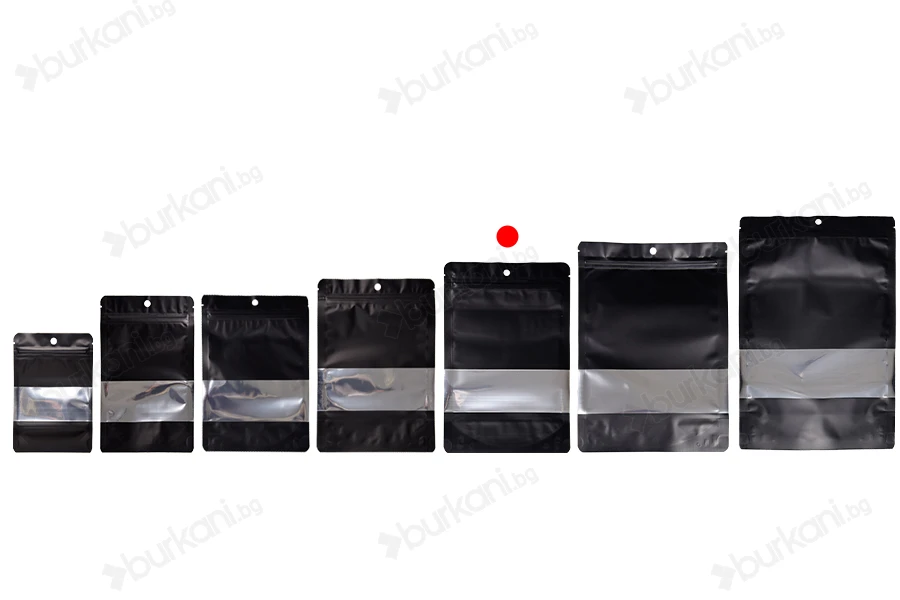 Алуминиеви торбички тип  Doy Pack с размери 160x40x240 mm с цип, прозорец и термозаваряване - 100 бр.-изображение_група