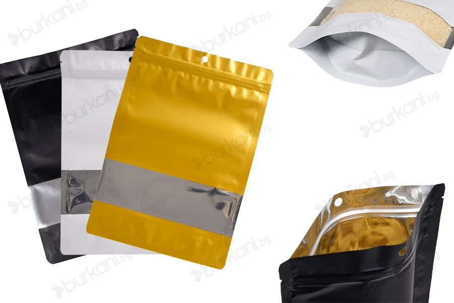 Алуминиеви торбички тип  Doy Pack 180x40x260 мм с цип, прозорец и възможност за термозапечатване - 100 бр.-изображение_продукт