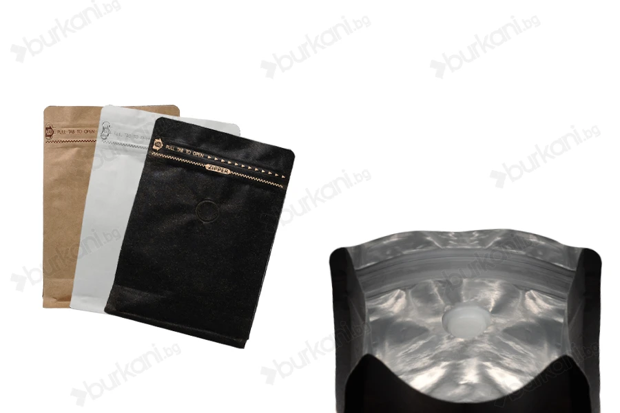 Doy Pack алуминиеви торбички с клапан, външна хартиена подплата от крафт, затваряне с термоуплътнение, отваряне с предпазна лента и използване на цип, идеално за кафе на прах 125x65x195 mm - 25 бр (НЕ МОЖЕ ДА СЕ ЗАПЕЧАТА РЪЧНО)-изображение_продукт