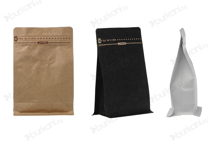 Doy Pack алуминиеви торбички с клапан, външна хартиена подплата от крафт, затваряне с термоуплътнение, отваряне с предпазна лента и използване на цип, идеално за кафе на прах 125x65x195 mm - 25 бр (НЕ МОЖЕ ДА СЕ ЗАПЕЧАТА РЪЧНО)-изображение_група
