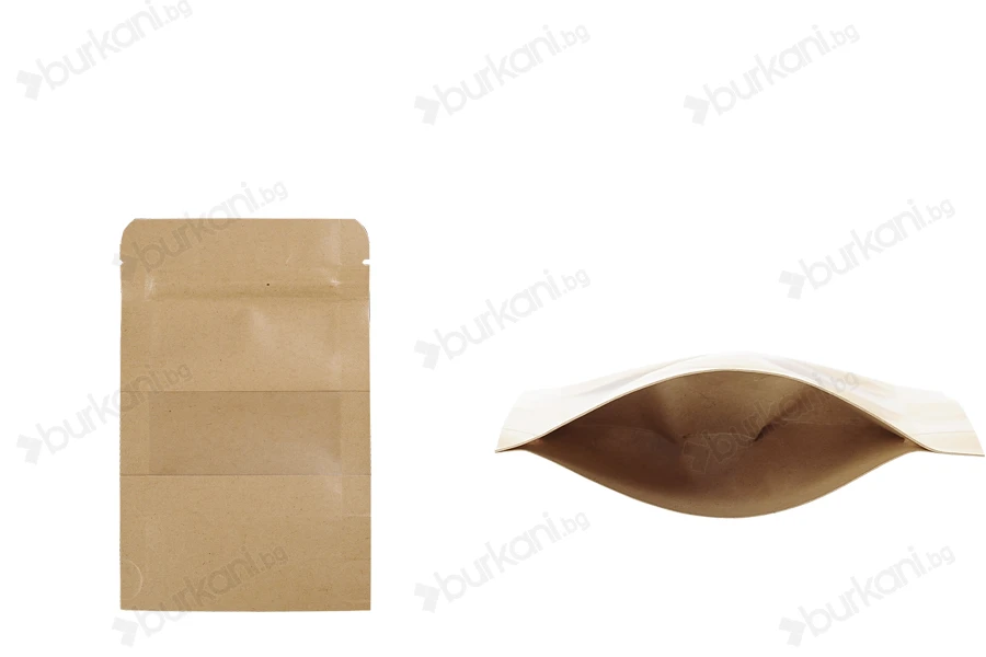 Крафт опаковка тип DOY PACK 90x30x140 mm с цип и прозорец,  с външна и вътрешна облицовка прозрачна - 100 бр.-изображение_продукт
