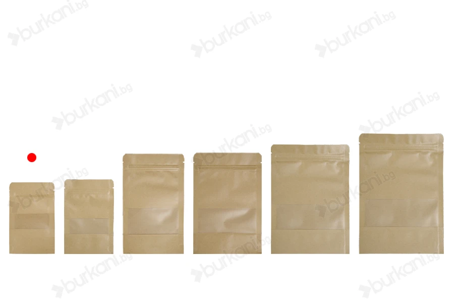 Крафт опаковка тип DOY PACK 90x30x140 mm с цип и прозорец,  с външна и вътрешна облицовка прозрачна - 100 бр.-изображение_група