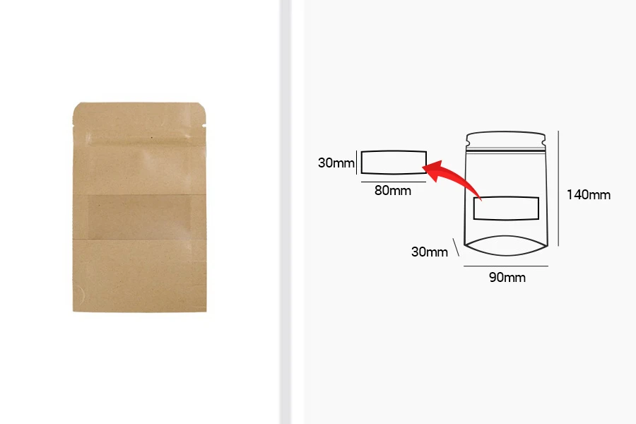 Крафт опаковка тип DOY PACK 90x30x140 mm с цип и прозорец,  с външна и вътрешна облицовка прозрачна - 100 бр.