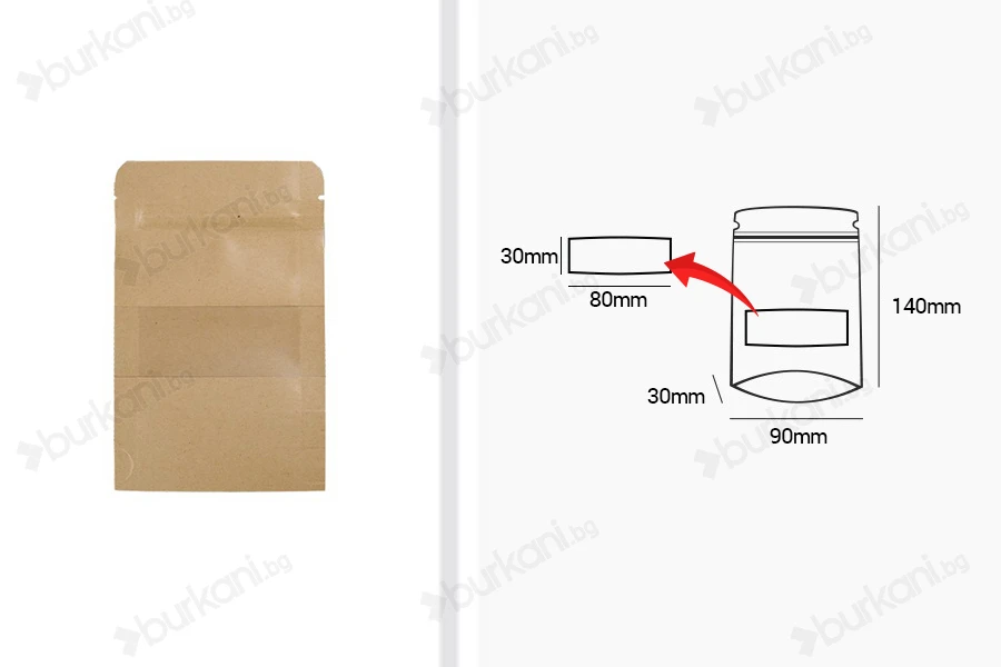 Крафт опаковка тип DOY PACK 90x30x140 mm с цип и прозорец,  с външна и вътрешна облицовка прозрачна - 100 бр.-изображение_размери
