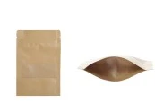 Крафт опаковка тип DOY PACK  100x30x150 мм с цип и прозорец,  с външна и вътрешна облицовка прозрачна с възможност за термозапечатване - 100 бр.