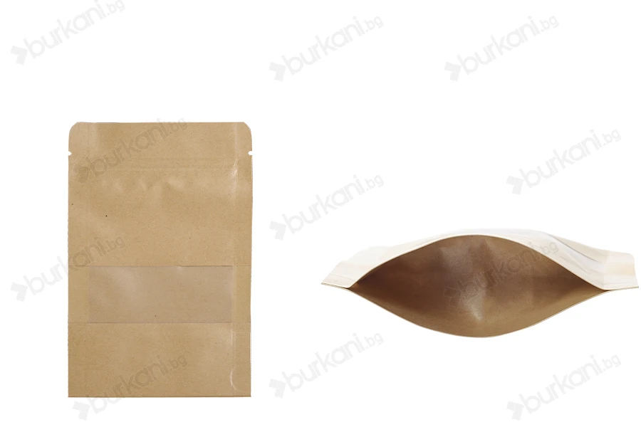 Крафт опаковка тип DOY PACK  100x30x150 мм с цип и прозорец,  с външна и вътрешна облицовка прозрачна с възможност за термозапечатване - 100 бр.-изображение_продукт