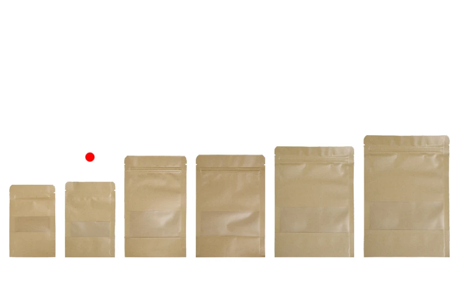 Крафт опаковка тип DOY PACK  100x30x150 мм с цип и прозорец,  с външна и вътрешна облицовка прозрачна с възможност за термозапечатване - 100 бр.