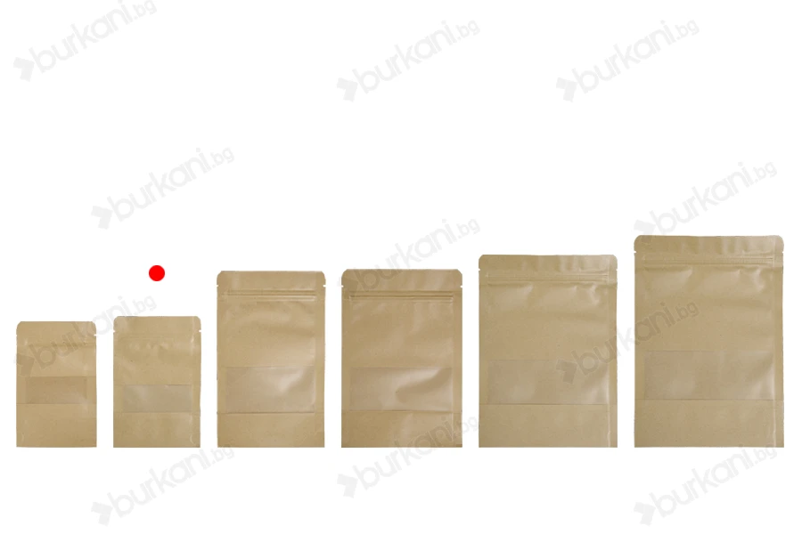 Крафт опаковка тип DOY PACK  100x30x150 мм с цип и прозорец,  с външна и вътрешна облицовка прозрачна с възможност за термозапечатване - 100 бр.-изображение_група