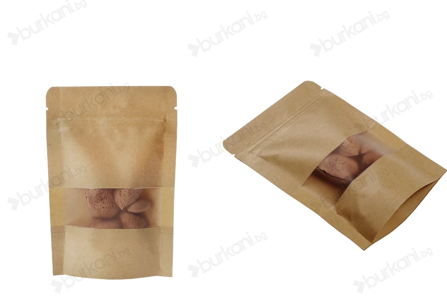 Крафт опаковка тип DOY PACK  100x30x150 мм с цип и прозорец,  с външна и вътрешна облицовка прозрачна с възможност за термозапечатване - 100 бр.-изображение_група