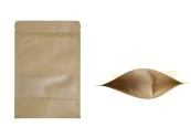 Крафт опаковка тип DOY PACK  140x40x200 мм  с цип и прозорец,  с външна и вътрешна облицовка прозрачна- 100 бр., с възможност за термозапечатване