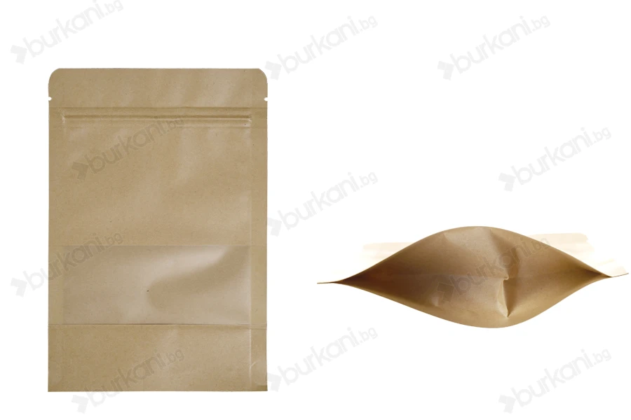 Крафт опаковка тип DOY PACK  140x40x200 мм  с цип и прозорец,  с външна и вътрешна облицовка прозрачна- 100 бр., с възможност за термозапечатване-изображение_продукт