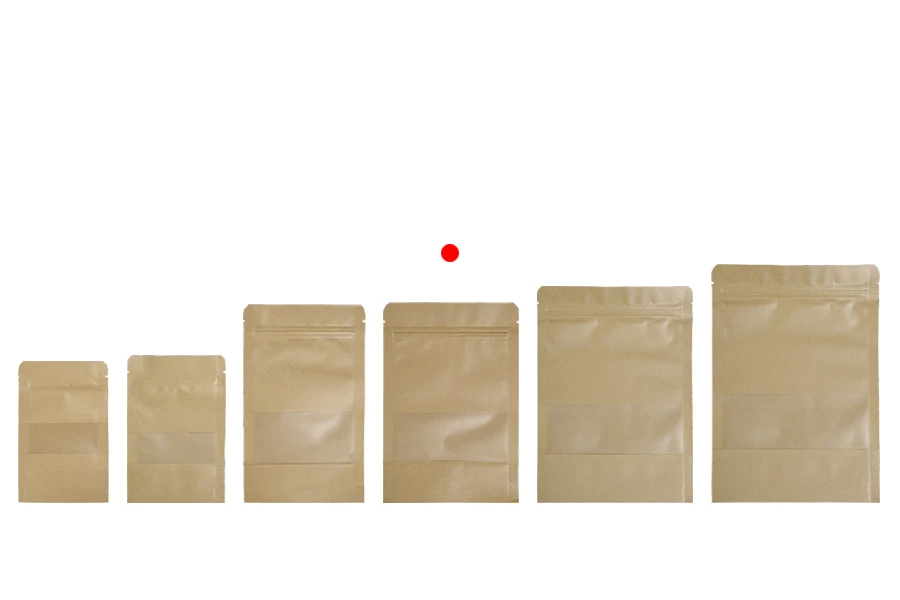 Крафт опаковка тип DOY PACK  140x40x200 мм  с цип и прозорец,  с външна и вътрешна облицовка прозрачна- 100 бр., с възможност за термозапечатване
