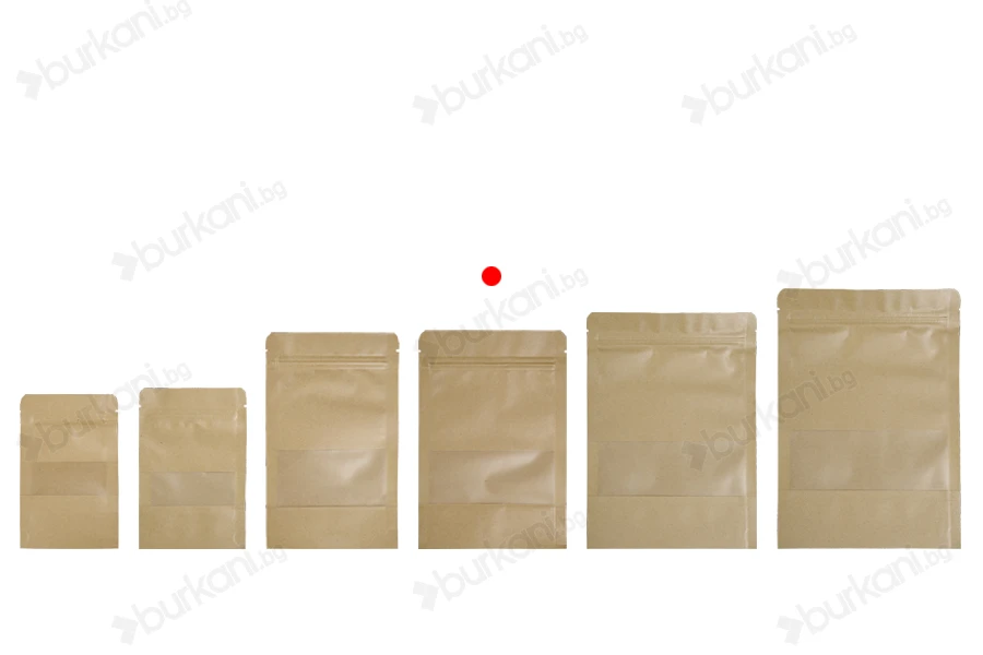 Крафт опаковка тип DOY PACK  140x40x200 мм  с цип и прозорец,  с външна и вътрешна облицовка прозрачна- 100 бр., с възможност за термозапечатване-изображение_група