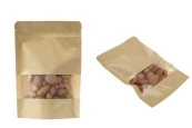 Крафт опаковка тип DOY PACK  140x40x200 мм  с цип и прозорец,  с външна и вътрешна облицовка прозрачна- 100 бр., с възможност за термозапечатване