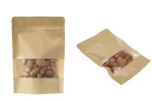 Крафт опаковка тип DOY PACK с цип и прозорец,  с външна и вътрешна облицовка прозрачна 140x40x200 мм - 100 бр., с възможност за термозапечатване-6