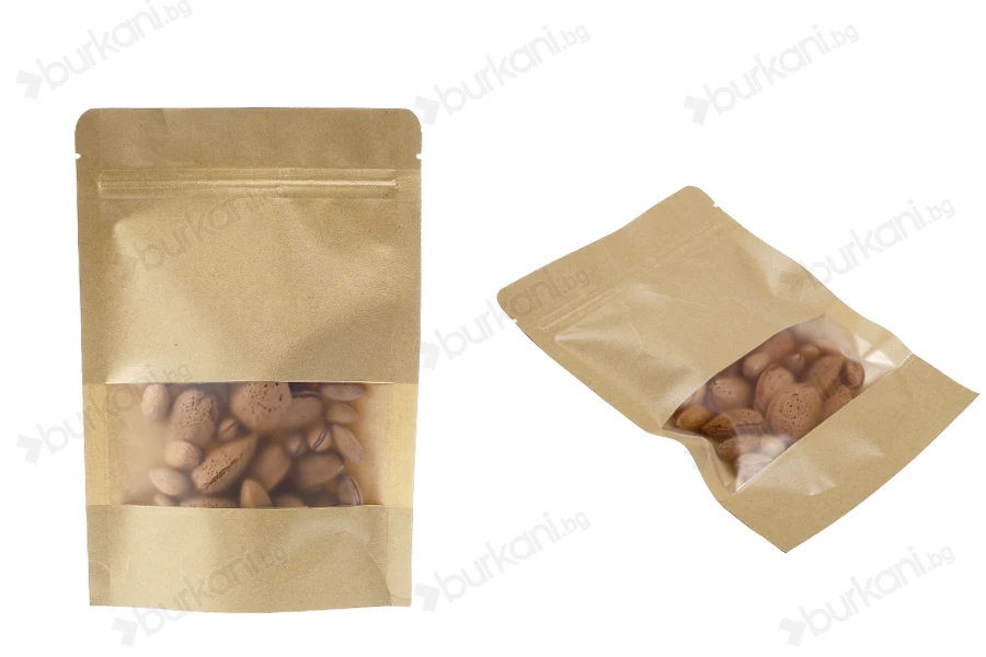 Крафт опаковка тип DOY PACK  140x40x200 мм  с цип и прозорец,  с външна и вътрешна облицовка прозрачна- 100 бр., с възможност за термозапечатване-изображение_група